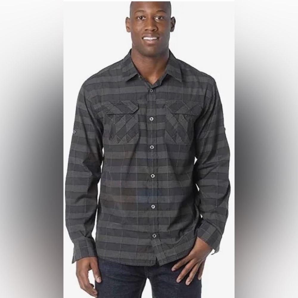 prAna Charcoal Gray Plaid Terrain Shirt - Long Sleeve - Men’s Large - UPF
